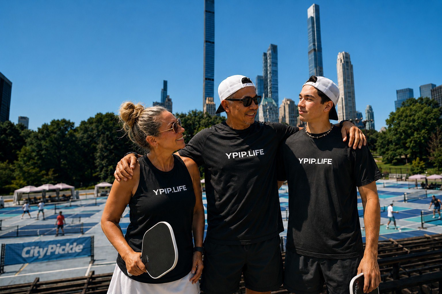 Three YPIP.Life players sharing a moment courtside at CityPickle, with the New York City skyline behind them